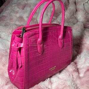 Knott Croc-Embossed Leather Medium Satchel in Bright Pink - NO Shoulder Strap
